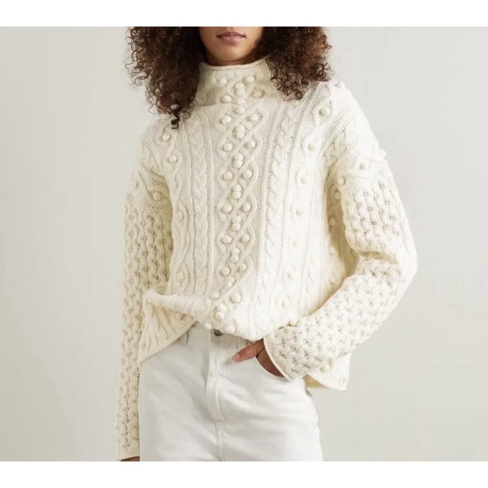 Theory Mock Neck Sweater S P Pompom Embellished Wool Cashmere Cable Knit Ivory
